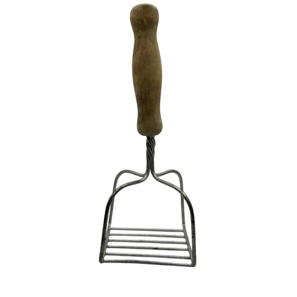Vintage Potato Masher Wooden Handle Twisted Metal Square Farmhouse Decor 8.75 in